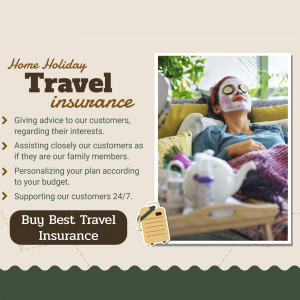 Woman relaxing with face mask and travel insurance promotion
