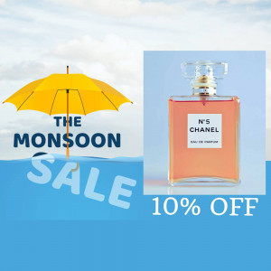 Chanel No. 5 perfume bottle with a yellow umbrella and monsoon sale promotion.