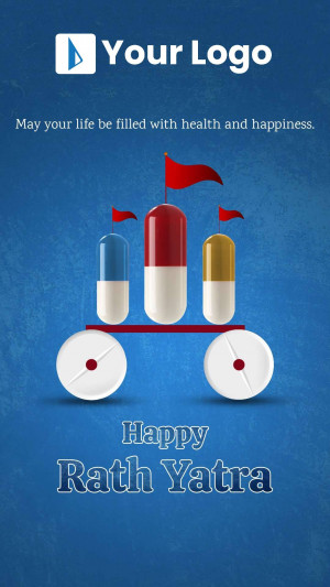 Rath Yatra themed image with pills and capsules representing health and happiness.