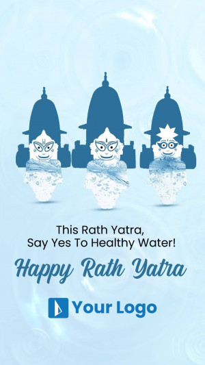 Rath Yatra illustration with water droplet faces and a health message.