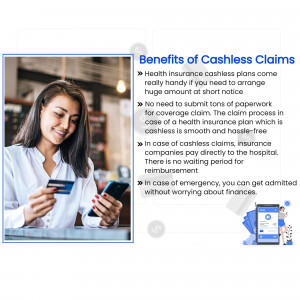 Woman using a credit card and smartphone, illustrating cashless claims benefits.