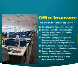 Image depicting an office space with text outlining office insurance coverage details.
