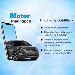 Motor insurance advertisement featuring a smartphone displaying a car and details about third-party liability coverage.