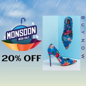 Floral high heels with an umbrella promoting a monsoon sale
