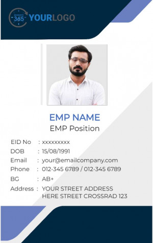 Employee ID card with a professional portrait and contact information.