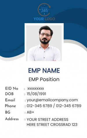 Employee ID card with a professional portrait and company branding.
