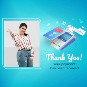 Woman smiling and giving a peace sign next to a payment terminal with a 'Thank You' message.