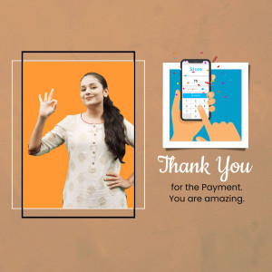 Woman celebrating successful mobile payment with confetti and thank you message.