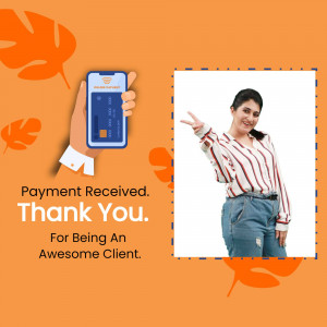 Image showing a hand holding a phone displaying a payment received notification with a woman smiling in the background.