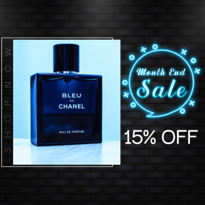 Bleu de Chanel perfume bottle with a sale promotion