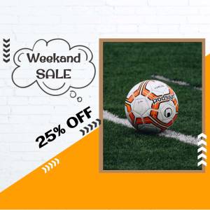 Soccer ball on a green field with a weekend sale promotion.