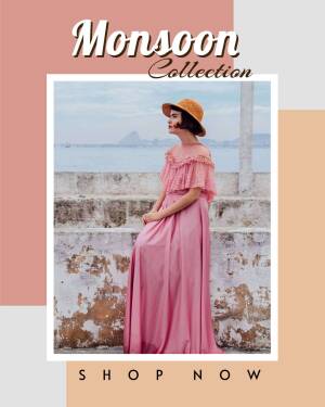 Woman in pink dress and hat posing by the sea, promoting Monsoon Collection