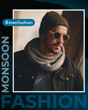 A man wearing a beanie, sunglasses, and scarf in a monsoon-themed fashion advertisement.