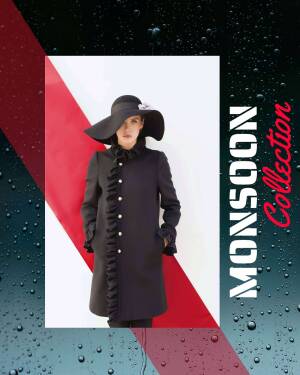 Woman wearing a black coat and hat, promoting a monsoon collection.