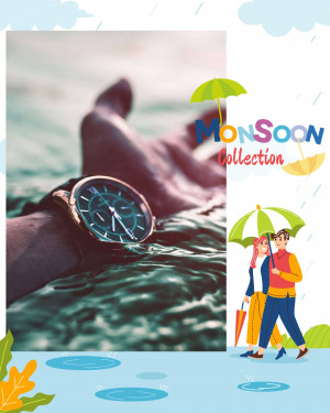 Close-up of a watch with a monsoon themed graphic