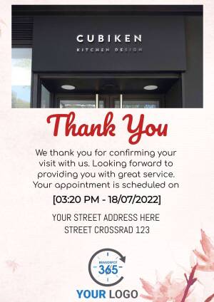 Appointment confirmation notice from Cubiken Kitchen Design with thank you message and appointment details.