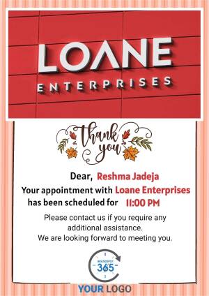 Appointment confirmation card from Loane Enterprises with autumn theme