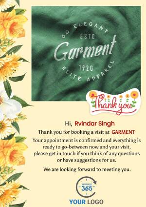 Confirmation message for a garment appointment with floral decorations.