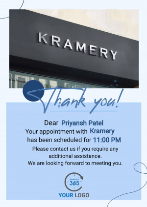 Appointment confirmation card for Kramery with a thank you message.