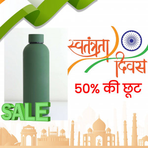 Green water bottle with Independence Day of India themed background and sale promotion.