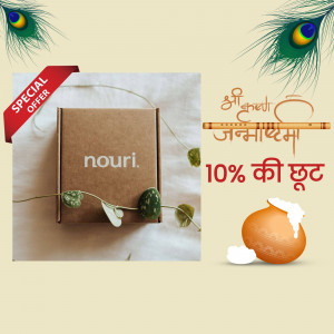 Nouri product box with Janmashtami decorations and a discount offer.