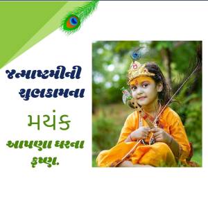 A cute child dressed as Lord Krishna with a flute.