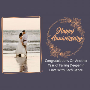 Couple celebrating their anniversary on a beach with a floral wreath and text overlay.