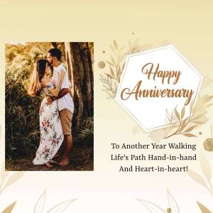 Couple embracing in a forest with anniversary greeting