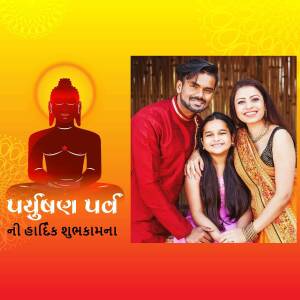 Family celebrating Parshvanath Jayanti with a portrait and a Buddha image