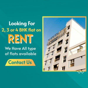 Advertisement for rental flats with a building image