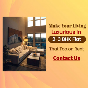 Modern living room with a sofa and large windows, advertising rental flats.