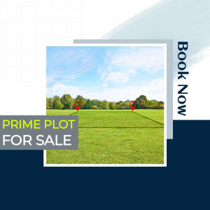 Image of a lush green plot of land with location markers and text promoting it for sale.