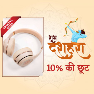 Headphones with a Dussehra themed background featuring Lord Rama