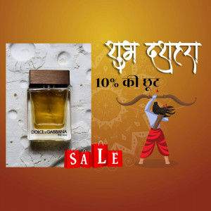 Dolce & Gabbana perfume bottle with Dussehra festive illustration and sale announcement.