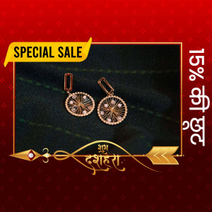 Rose gold earrings with intricate design on a Dussehra sale banner