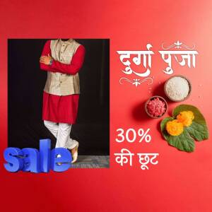 Man in traditional Indian attire with Durga Puja sale promotion