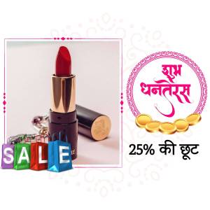 Red lipstick with Dhanteras themed decorations and sale banner