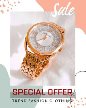 Rose gold Swarovski watch with sparkling dial on a white surface, promoting a sale.