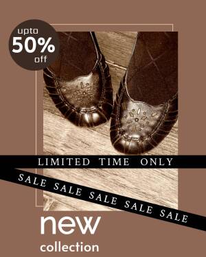 Pair of brown leather shoes on a wooden surface with a sale promotion.