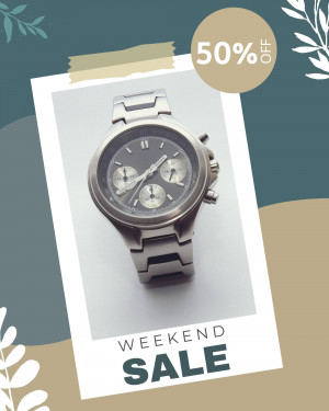Silver chronograph watch with a 50% off sale promotion.