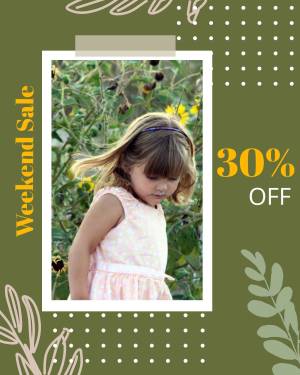 A young girl in a field of sunflowers with a sale promotion.