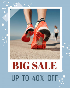 Close-up of running shoes with a person running in the background and a sale promotion.