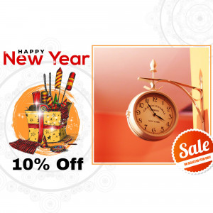 New Year celebration with gift, clock and sale offer