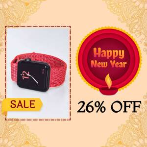 Smartwatch with a red band and a New Year sale promotion