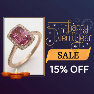 Rose gold ring with a pink gemstone and New Year sale promotion