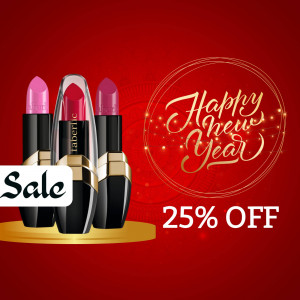 Three lipsticks with a New Year's greeting and sale promotion