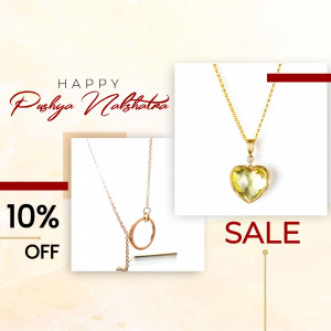 Promotional image for Pushya Nakshatra sale featuring gold jewelry.