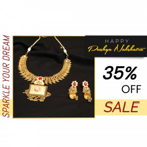 Gold jewelry set with a 35% off sale promotion for Pushya Nakshatra