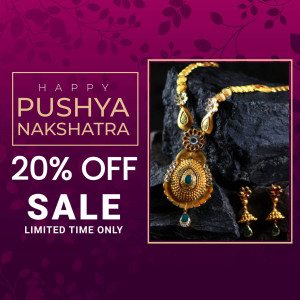 Gold jewelry necklace and earrings with Pushya Nakshatra sale promotion