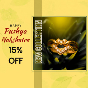 Gold ring with diamonds on a floral background with Pushya Nakshatra sale promotion.